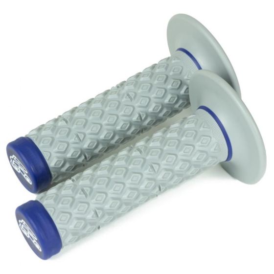 Dual glue-on comfort grips in light gray with a textured diamond pattern, featuring blue end caps and rings for enhanced grip and comfort.