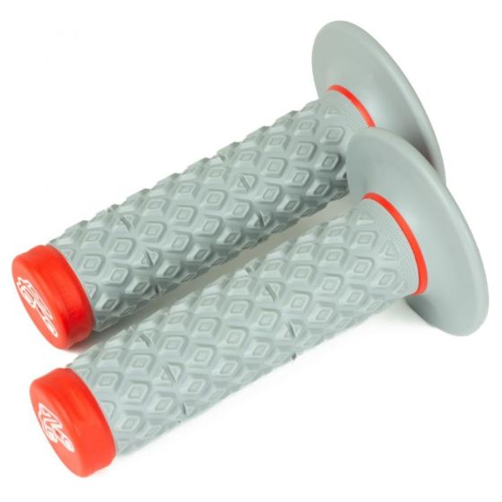 Red and grey Renthal G209 MX dual compound grips featuring a textured diamond pattern for enhanced grip and comfort, with firm ends for durability.