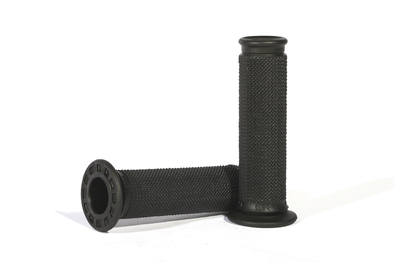 Black rubber grips with a textured surface and no waffle pattern, featuring a solid end cap and a cylindrical shape for enhanced grip and control.