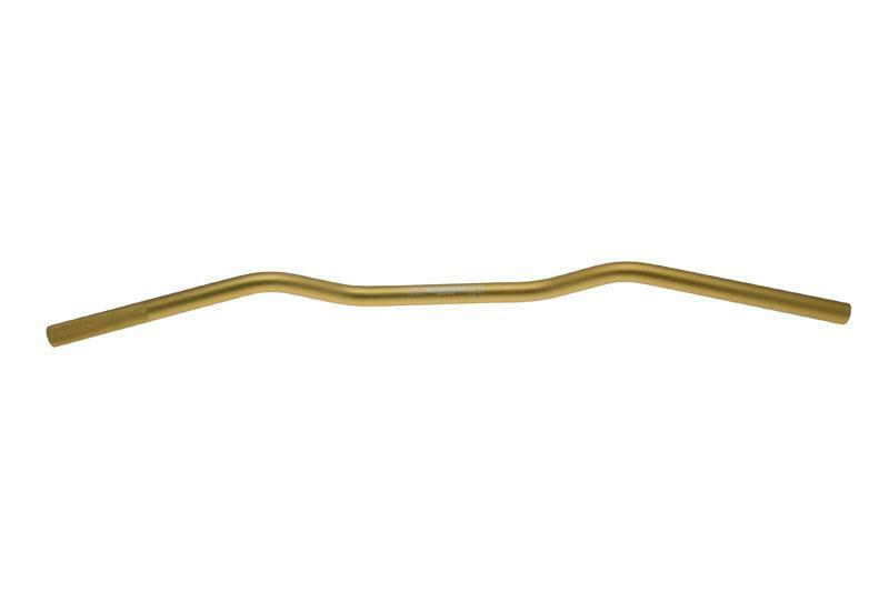 Gold-colored aluminum handlebar with a wide, curved design, featuring smooth bends and a sleek finish, ideal for road biking.