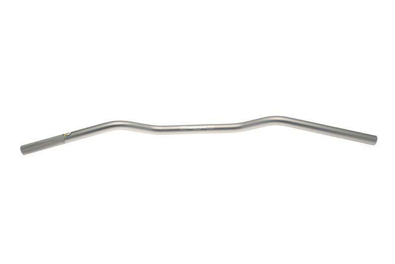 Silver aluminum Renthal 749 Road Wide Handlebar with a slight curve, featuring a smooth finish and wide grip area for enhanced control and comfort.