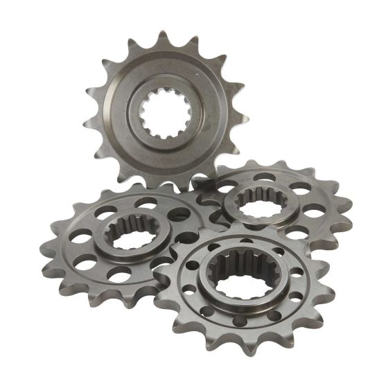 Four steel front sprockets in a standard design, featuring a silver-grey finish, sharp teeth, and central hole for mounting, labeled as Renthal 506 - 420.