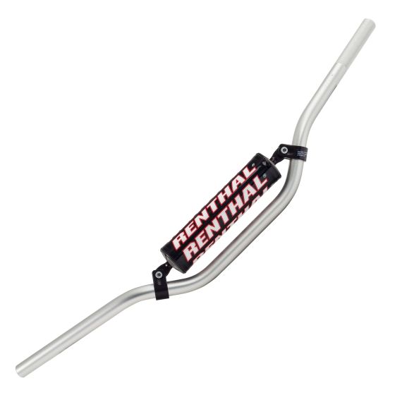 Silver 7/8 inch Renthal Streetfighter handlebars with a black and red Renthal logo, featuring a curved design and sturdy metal construction.