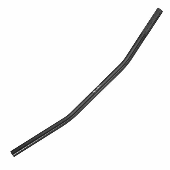 Black Renthal Superbike flat handlebars made from lightweight aluminum, featuring a sleek design with a slight bend for improved rider comfort and control.