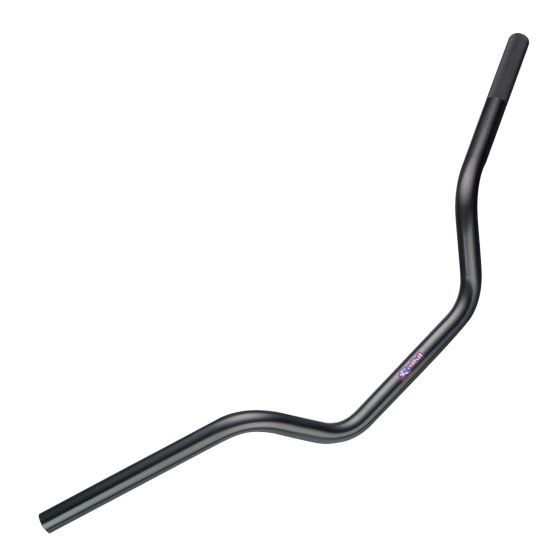 Black Renthal Superbike high handlebars with a sleek, curved design, featuring a durable metal construction and rubber grips at the ends for enhanced comfort and control.