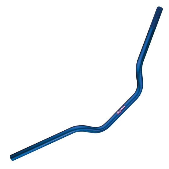 Renthal Superbike low handlebars in a vibrant blue finish, featuring a sleek aluminum design with a distinct bend for improved grip and control.