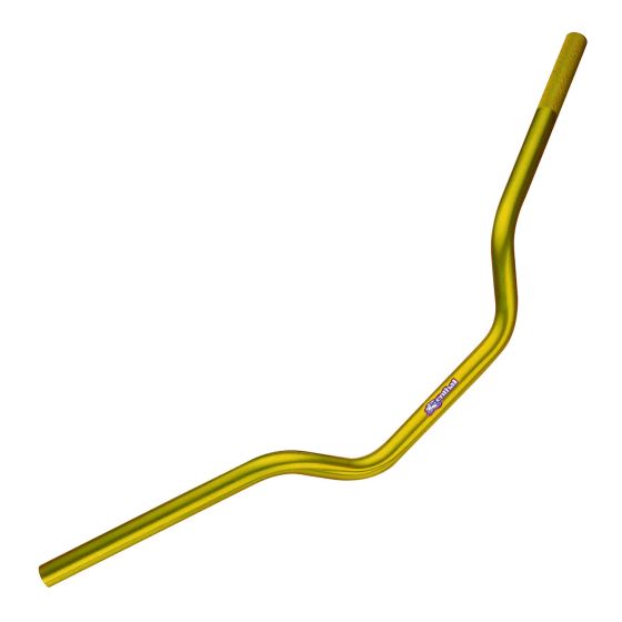 Renthal Superbike medium handlebars in a vibrant gold finish, featuring a lightweight aluminum construction and a distinctive, ergonomic design for enhanced grip and control.