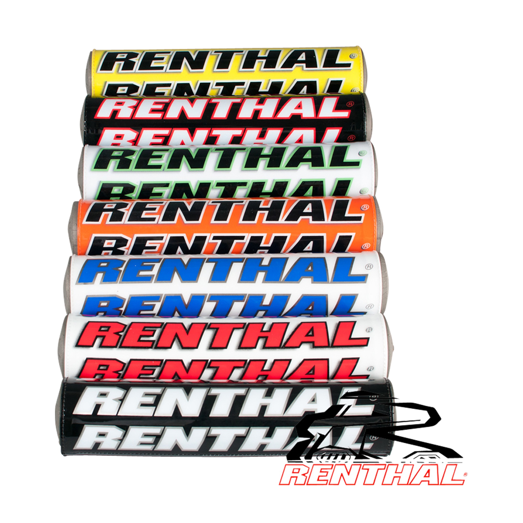 Renthal 240mm/10" SX Bar Pad in orange, white, and blue, featuring bold "RENTHAL" branding, designed for motocross handlebars, with a durable foam material for protection.