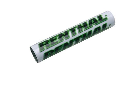 White handlebar pad with vibrant green "RENTHAL" branding, measuring 240mm, designed for motocross use, featuring a durable foam material for impact protection.