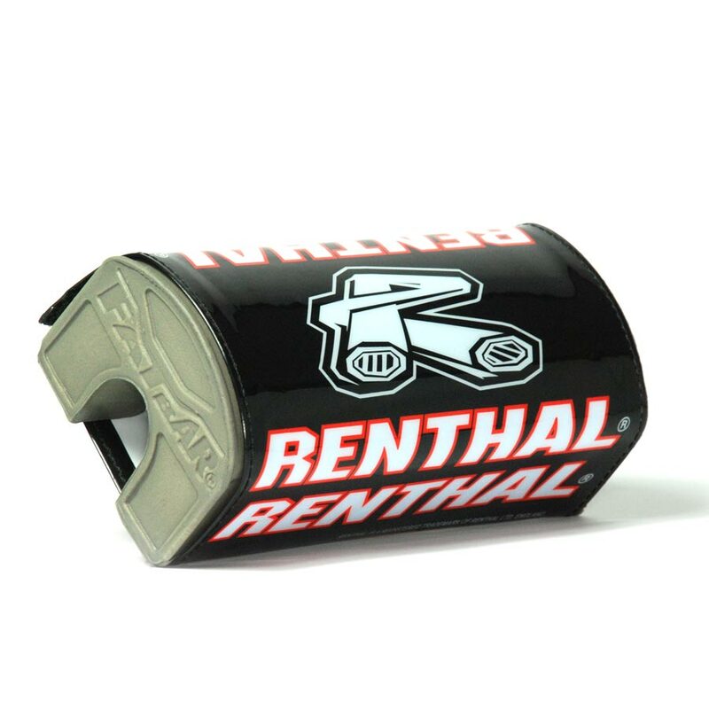 Black and red Renthal Trials Fat Bar handlebar pad featuring a prominent logo, with a durable material and a contoured design for easy installation.