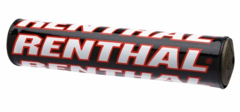 Black bar pad featuring bold white and red "RENTHAL" branding, designed for trials handlebars, made from durable material for enhanced grip and protection.