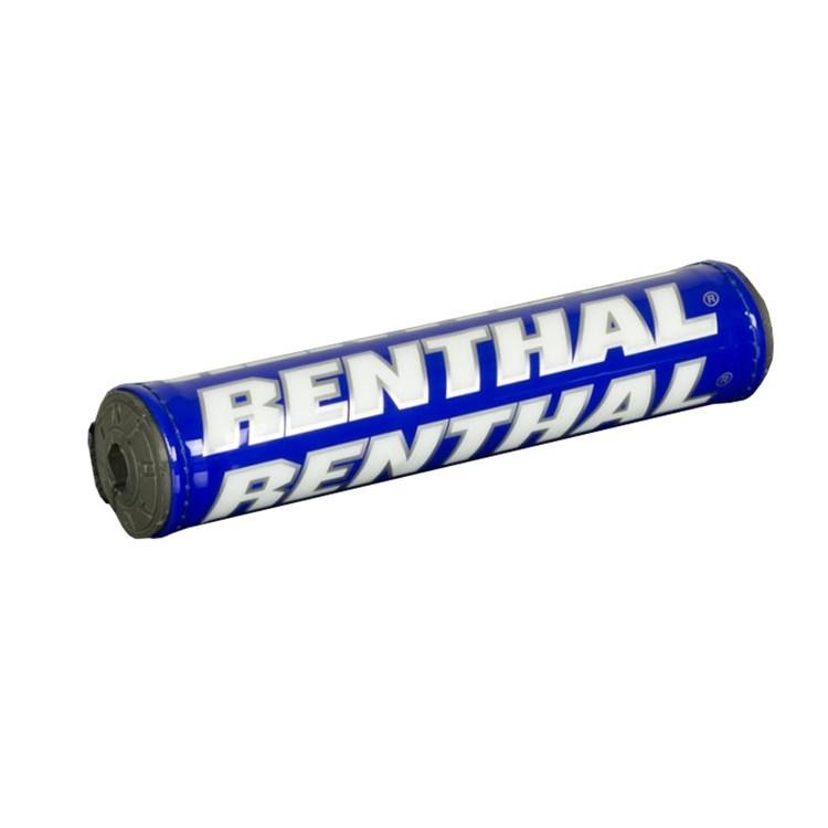 Blue Renthal trials handlebar pad featuring bold white "RENTHAL" branding, cylindrical shape, and durable material for added protection.
