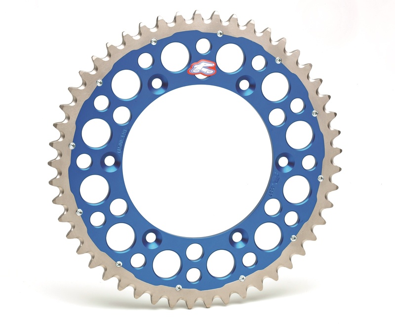 Blue aluminum Renthal Twin Ring rear sprocket with 49 teeth, featuring a lightweight design and multiple cutouts for reduced weight, compatible with Yamaha YZ/YZF/WRF models from 1999 to 2024.