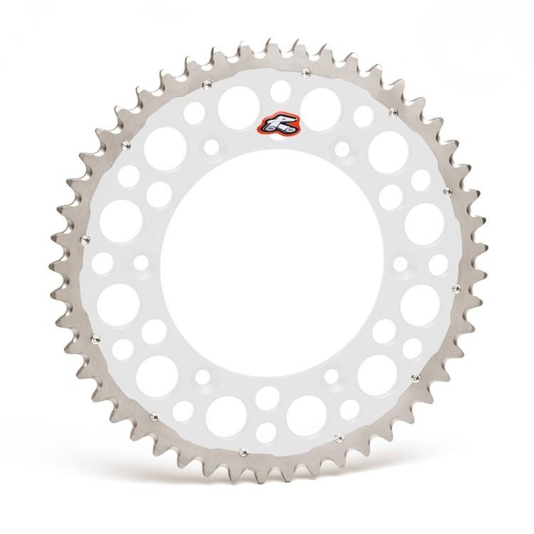 Silver Renthal Twin Ring Rear Sprocket with 51 teeth, featuring a circular design, cut-out holes, and a red logo, compatible with Yamaha YZ/YZF/WRF models from 1999 to 2024.
