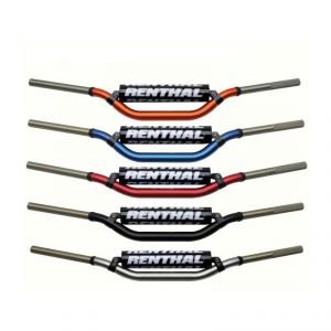 RENTHAL Twinwall 997 RC handlebars in orange, blue, red, and black, featuring a sturdy aluminum construction with a distinctive Renthal logo on the crossbar.