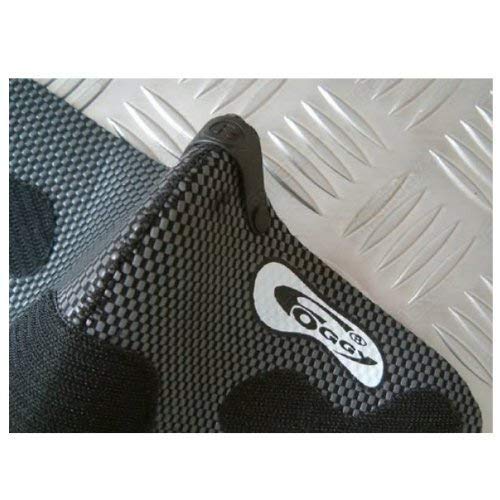Black neoprene face mask with a carbon look, featuring a logo, textured surface, and adjustable clips for a secure fit, designed to prevent fogging.