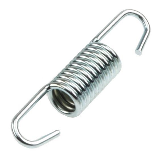 RFX Exhaust Spring in silver metal, featuring a coiled design with two hooks on either end, measuring 90mm in length, ideal for exhaust system applications.