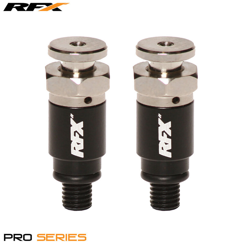 Black RFX Pro Fork Air Bleeders with M5x0.8 threading, featuring a silver metal top and hexagonal nut, designed for Kayaba/Showa forks.