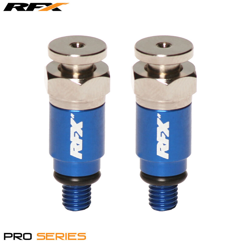 Blue aluminum air bleeders with silver metal fittings, featuring the "RFX" logo, designed for Kayaba/Showa forks, M5x0.8 thread size.