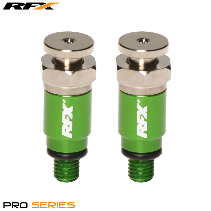 Green RFX Pro Fork Air Bleeders with M5x0.8 threading, featuring a silver metal top and a rubber O-ring, designed for Kayaba/Showa suspension systems.
