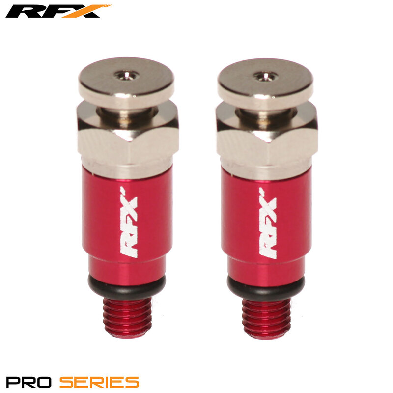 Two RFX Pro Fork Air Bleeders in red with silver accents, featuring M5x0.8 threading, designed for Kayaba/Showa suspension systems, showcasing a durable metal construction.