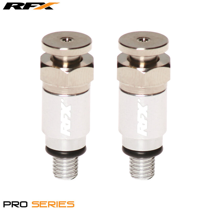 Silver RFX Pro Fork Air Bleeders with M5x0.8 threading, featuring a polished metal finish, a prominent logo, and rubber O-rings for sealing.