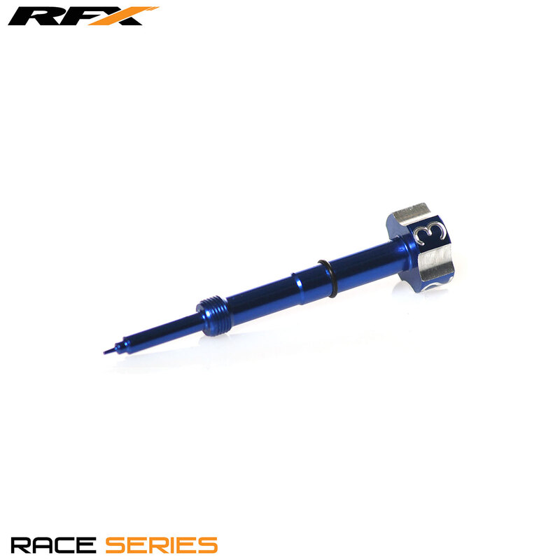 Blue aluminum RFX Race Fuel Mixture Screw with a hexagonal head and a pointed tip, designed for Keihin FCR carburetors, featuring a sleek, polished finish.