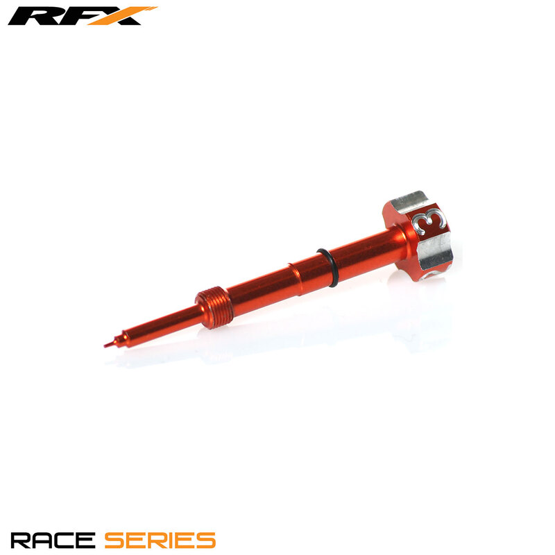 RFX Race Fuel Mixture Screw in vibrant orange aluminum, featuring a hexagonal head with a silver band and a tapered tip for precision adjustment, designed for Keihin FCR carburetors.