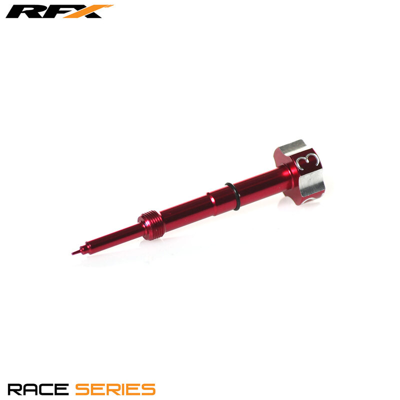 Red aluminum RFX Race Fuel Mixture Screw with a hexagonal head and precision tip, designed for Keihin FCR carburettors, featuring a sleek, polished finish.