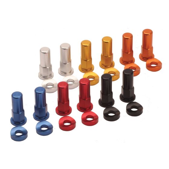 Silver RFX Pro rim lock nuts and washers, featuring a sleek aluminum design, with two pieces prominently displayed among various colored options.