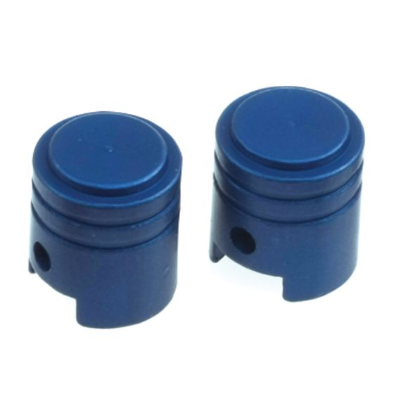 Blue alloy valve caps with a piston shape, featuring a smooth top and two horizontal grooves, designed for durability and style.