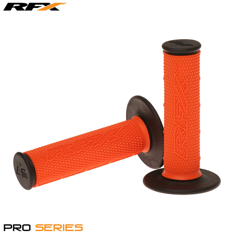 RFX Pro Series dual compound grips featuring vibrant orange rubber with textured black ends, designed for enhanced grip and comfort in a pair.