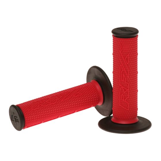 Red dual compound grips with textured surface and black rubber ends, featuring the RaceFX logo, designed for enhanced grip and comfort.
