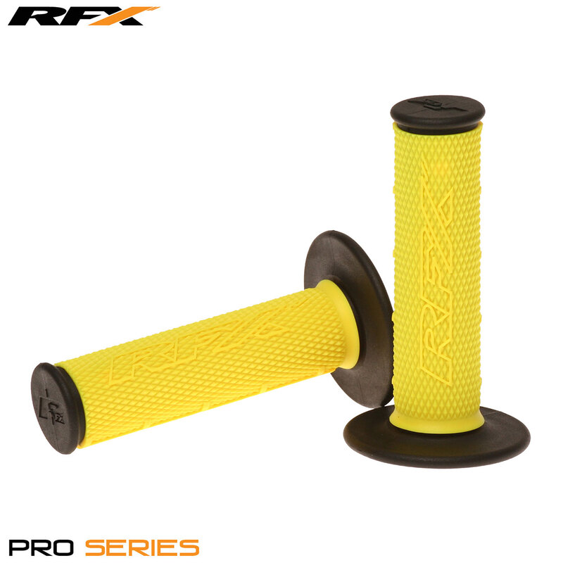 Yellow rubber grips with textured surface and black ends, featuring the "RFX" logo, designed for enhanced grip and control in the Pro Series by RaceFX.