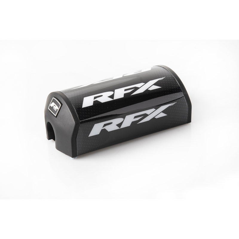 Black and white tapered bar pad with a glossy finish, featuring the "RFX" logo prominently displayed, designed for 28.6mm handlebars, with a durable foam material.