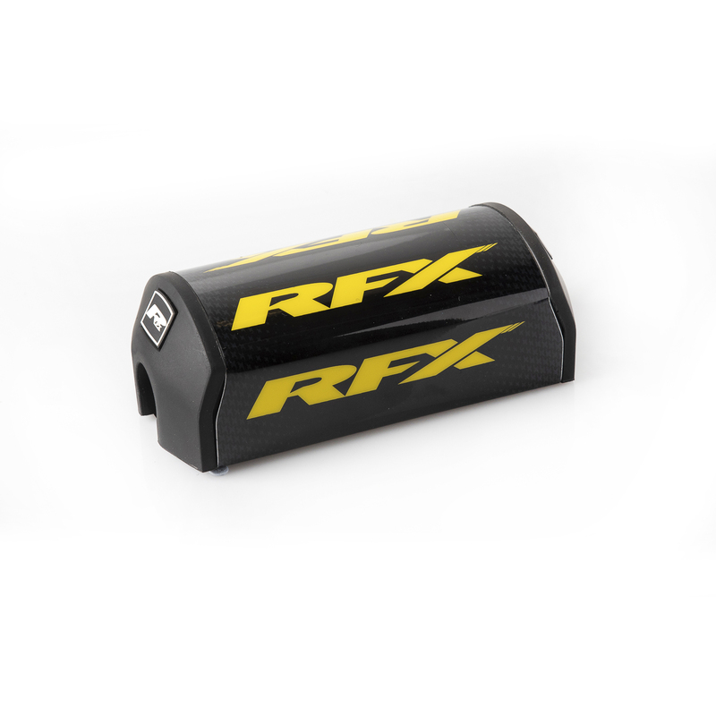 Black and yellow RFX Pro 2.0 F7 taper bar pad, featuring a sleek design with prominent yellow "RFX" branding, made from durable material, measuring 28.6mm.