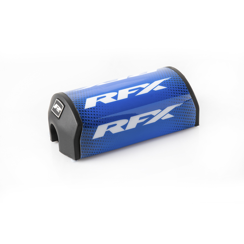 Blue and white RFX Pro 2.0 F7 taper bar pad with a black rubber end, featuring the RFX logo prominently displayed on the side, designed for 28.6mm handlebars.