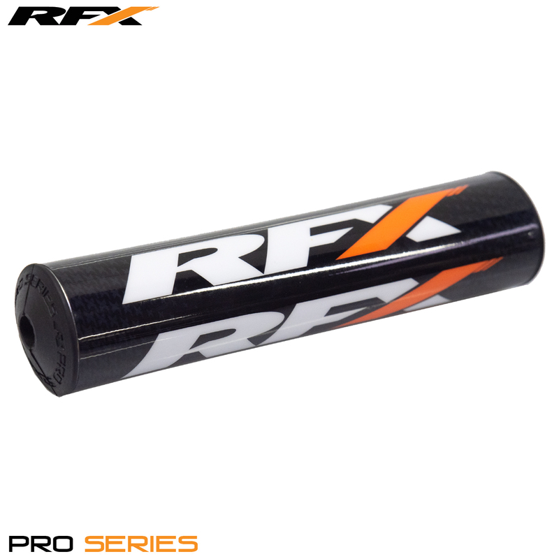 Black tapered bar pad with a glossy finish, featuring bold white "RFX" branding and orange accents, designed for 28.6mm handlebars, emphasizing durability and style.