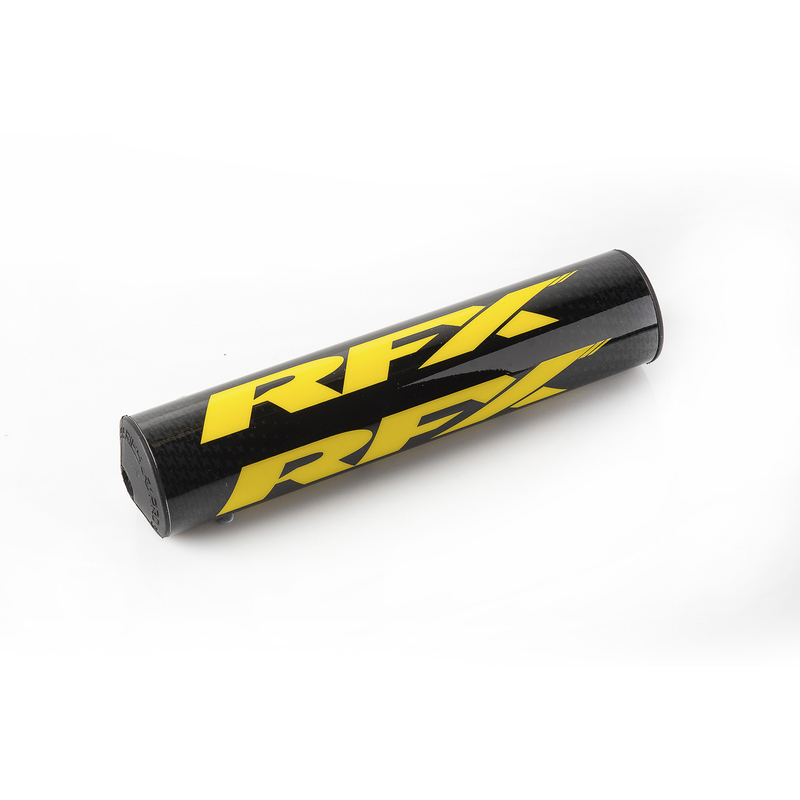Black and yellow RFX Pro 2.0 F8 Taper Bar Pad, measuring 28.6mm, featuring a sleek design with prominent yellow branding on a textured black surface.