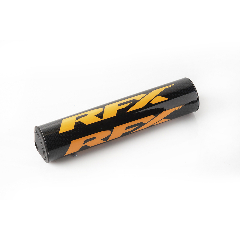 Fluo orange RFX Pro 2.0 F8 taper bar pad with a sleek black carbon fiber texture and bold RFX branding, designed for a 28.6mm handlebar diameter.