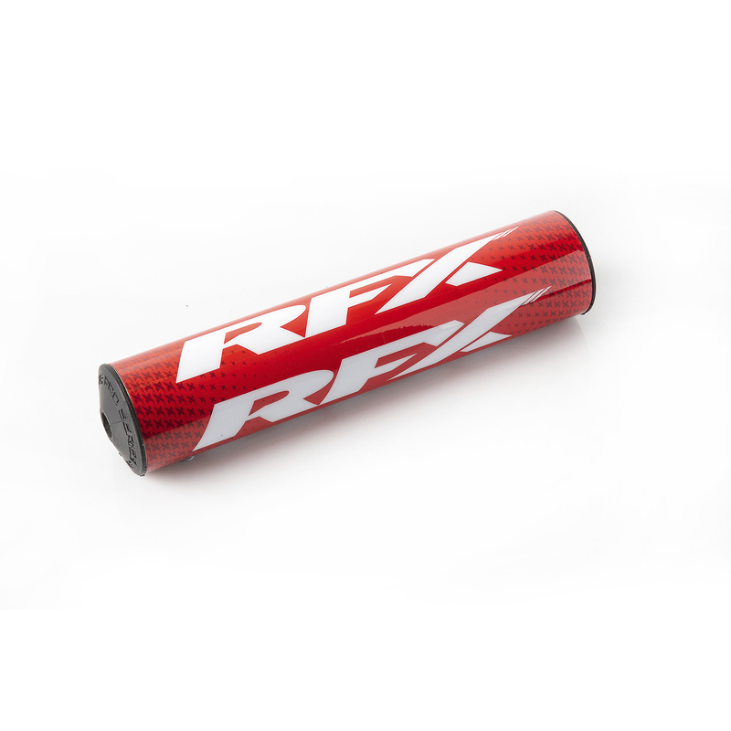 Red and white RFX Pro 2.0 F8 taper bar pad, featuring a textured surface and bold RFX branding, designed for 28.6mm handlebars.