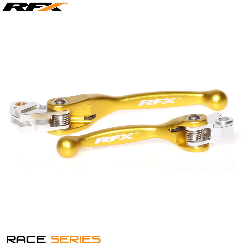 Yellow RFX Race Forged Flexible Lever Set featuring a sleek design with a silver pivot point and spring mechanism, ideal for enhancing motorcycle controls.
