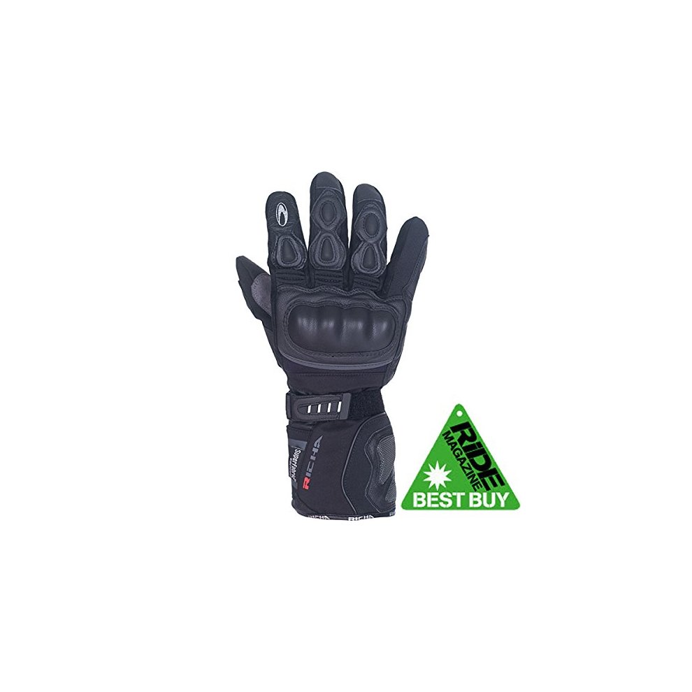 Black Richa Arctic waterproof motorcycle gloves in size S for men, featuring padded knuckles, reinforced palms, and a secure wrist strap for enhanced protection and comfort.