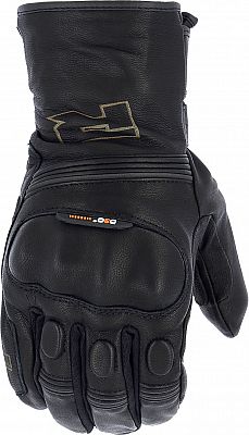 Black leather motorcycle gloves featuring Gore-Tex material, padded knuckles, and a secure fit, designed for urban riding, size 4XL.
