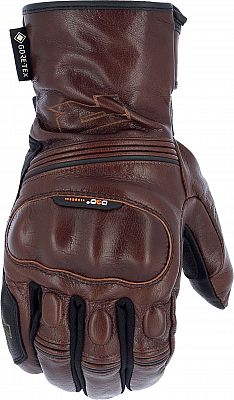 Brown leather motorcycle gloves featuring Gore-Tex material, padded knuckles, and a secure wrist closure, designed for urban riding, size 4XL.