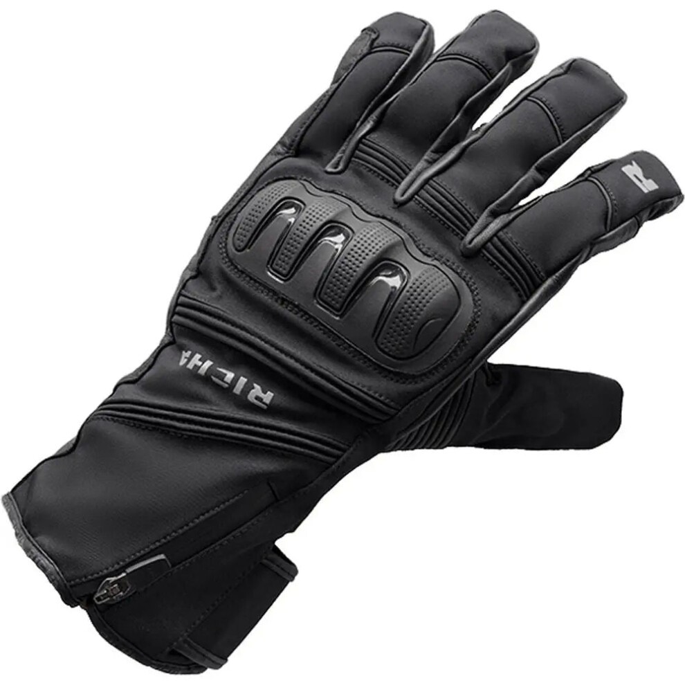Black motorcycle gloves with a sleek design, featuring padded knuckles, reinforced palm, and adjustable wrist closure for enhanced protection and comfort.