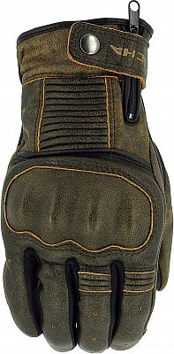 Vintage brown leather motorcycle gloves with a textured finish, padded knuckles, and a zippered wrist closure, featuring stylish stitching and a rugged design.