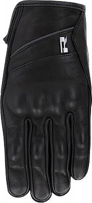 Black leather motorcycle gloves for men, featuring a sleek design, reinforced stitching, and a logo detail, sized large for optimal fit and comfort.