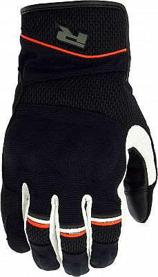 Black motorcycle gloves with white and red accents, featuring a breathable mesh material, reinforced knuckles, and a sleek design, ideal for desert riding.