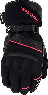Black and pink Richa Diana Gore-Tex ladies motorcycle gloves featuring a textured finish, adjustable wrist strap, and reinforced knuckles for protection.